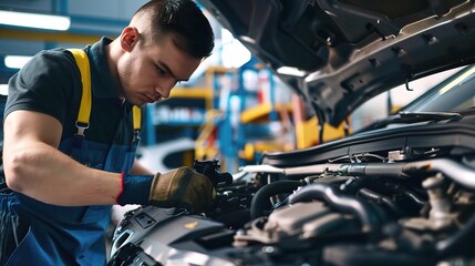 Automobile repairman working on a car in an auto shop, using tools like wrenches and screwdrivers to fix components, checking engine parts and tires, wearing a mechanic’s uniform and gloves
