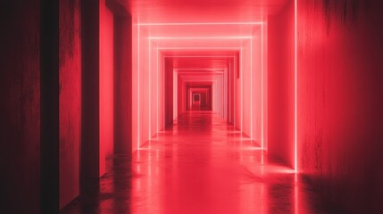 Fototapeta premium Futuristic Hallway with Neon Lights and Reflections at Night