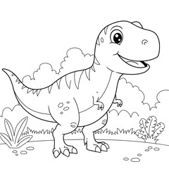Cartoon-style dinosaur with a big smile, standing on a patch of ground surrounded by plants and bushes. The black and white line art is playful and ideal for coloring.
