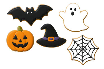 Obraz premium Assortment of Spooky Halloween Themed Decorated Sugar Cookies Featuring a Bat, Ghost, Pumpkin, Witch Hat, and Spiderweb