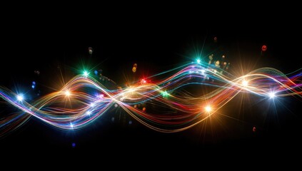Abstract wave patterns of glowing, colorful light trails on black background