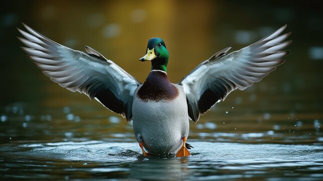 Majestic Male Duck Spreading Wings on Tranquil Water Surface
