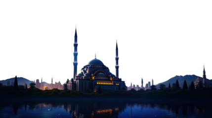 a serene blue mosque under a starry night sky on white background
