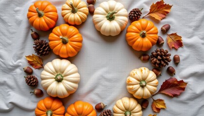 A flat lay of assorted pumpkins, pinecones