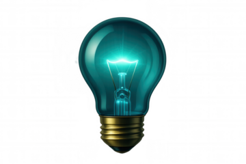 Turquoise light bulb is glowing on a transparent background, representing ideas, innovation, and solutions