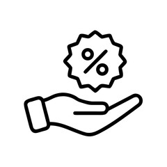 Hand holding a percentage symbol in a jagged circle icon