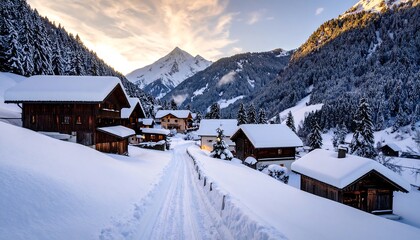 Snowy mountain village at sunset