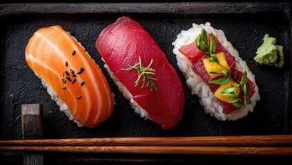 Fresh sushi nigiri trio on dark tray