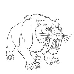 Fierce saber-toothed tiger line art with open jaws, curved fangs, sharp eyes, and a muscular body.