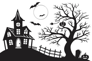 Black silhouette of a creepy haunted house on a hill with a spooky tree, jack-o'-lanterns, and bats on a scary Halloween night.