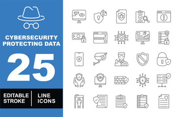 Cybersecurity protecting data set of web icons in line style. Exclusive cybersecurity protecting data linear icon collection. Containing monitor, document, money, password, and mobile. Editable stroke