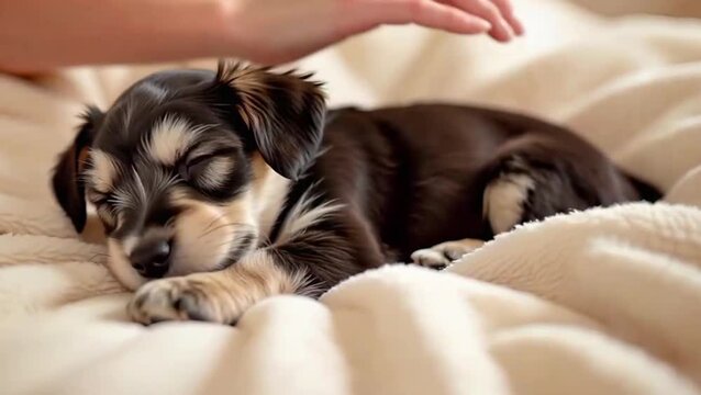 Una mano adulta  acaricia con delicadeza el suave pelaje grisáceo y blanco de un adorable cachorro Schnauzer profundamente dormido 