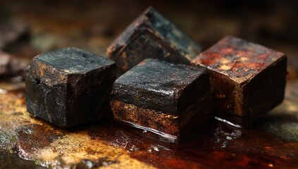 Close-up of four dark, weathered, cubic stones on a wet, rustic surface