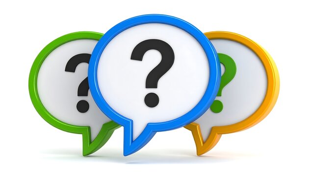 Three colorful speech bubbles, each containing a question mark, are clustered together against a white background