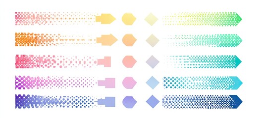 Set of colorful, abstract arrows.  Each arrow is a gradient of different pastel colors, with a halftone pattern.  