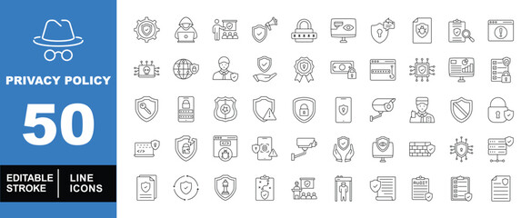 Privacy policy set of web icons in line style. Exclusive privacy policy linear icon collection. Containing setting, hacker, meeting, password, monitor, shield, key, mobile, and more. Editable stroke