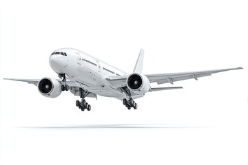 White passenger jet in flight against white background
