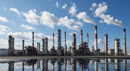 Obraz premium Industrial Landscape of a Petrochemical Plant Against a Blue Sky with Clouds