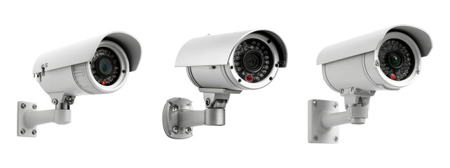 Naklejka premium Three White Surveillance Cameras for Security Monitoring Systems