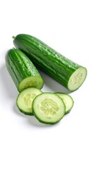 Two cucumbers, one sliced, presented on a white background