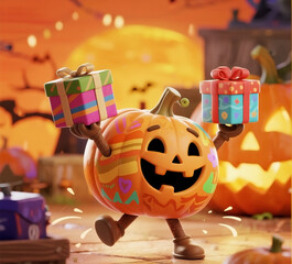 Fototapeta premium dancing pumpkin carrying a gift box in his hand