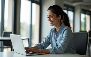 Young professional it specialist latin hispanic business lady working on laptop pc sitting at desk in modern office space. Middle eastern indian woman using computer technology app for work. Vertical