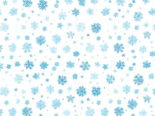 Winter pattern of various sized, textured snowflakes in shades of blue on a white background