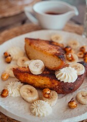 banana macadamia nut french toast with chocolate sauce – tropical island brunch scene