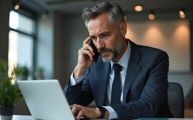 Busy mature ceo businessman in suit using phone for business work in office. Worried senior finance professional man working on cellphone telephone, pc laptop computer looking at screen. Copy space