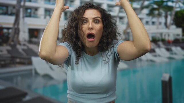 Woman holds head with hands by temples outside a hotel building overlooking a blue pool and lounge chairs; stress.