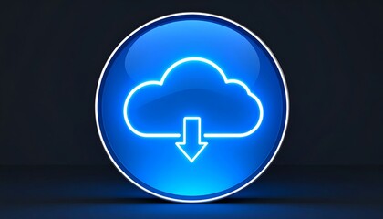 Blue glowing cloud download icon