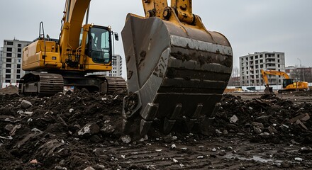 Close-up of a Large Excavator Bucket Filled with Debris on the Ground