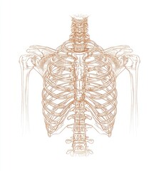 Detailed anatomical drawing of the human rib cage and upper spine.  A light terracotta-toned,  detailed line drawing displays the skeletal structure of the upper torso, showcasing the ribs, spine.