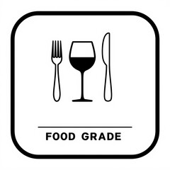 Fototapeta premium A simple food grade label featuring a fork, glass, and knife, indicating suitability for food-related use