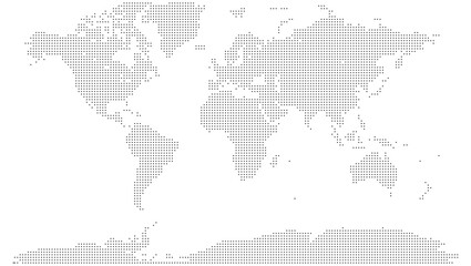A modern dotted world map graphic with clean lines. Dotted world map cartography visualizing the entire planet with a minimalist and sophisticated dot pattern.