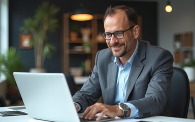 Mature Latin business man ceo manager using laptop computer in modern office. Smiling senior businessman entrepreneur sitting at desk working on financial project, looking thinking at screen. Vertical