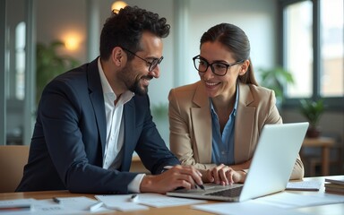 Team of diverse partners sitting at table mature Latin business man and European business woman discussing project on laptop in office. Two colleagues of professional business people working, close up
