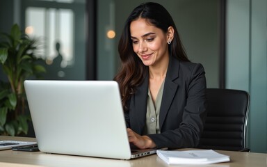Busy 30s latin hispanic middle age business woman working on laptop computer in office. Focused Indian young businesswoman professional entrepreneur using pc, thinking analysing project at workplace