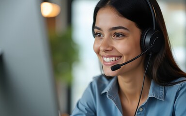 Young indian or araian arab female financial specialist holding video call with clients partners online in office. Latin Hispanic woman wearing headset helping as callcenter consult operator. Vertical