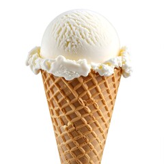 Single scoop of vanilla ice cream in a waffle cone against a white background