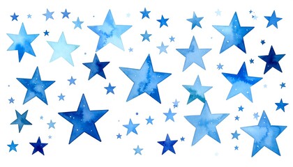 Watercolor painting of various sized blue stars on white background