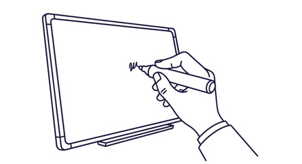 Flat vector illustration of a hand holding a marker writing on a whiteboard