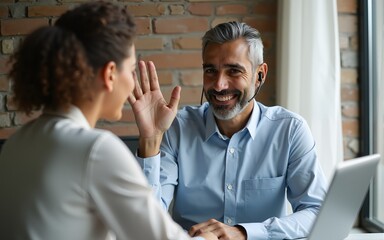 Indian Arabian mature business man wearing wireless earphones waving hand giving greeting gesture looking to personal teacher. Online webinar, videoconference entrepreneur call with student at laptop