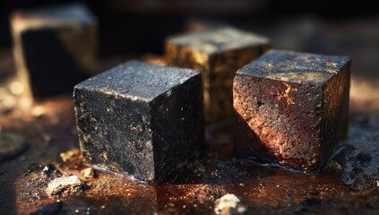 Close-up of four dark, weathered cubes