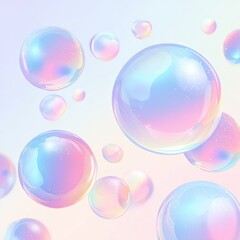 Pastel iridescent soap bubbles float on a soft, light background