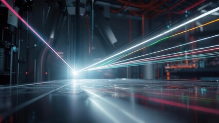 Vibrant Laser Beams Converge with Intense Flare in a Futuristic Laboratory