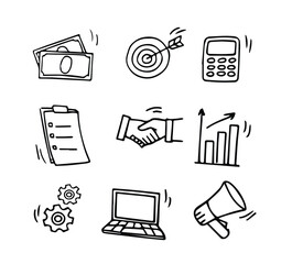 Hand drawn doodle business, money icon set. Finance, money, marketing sketch drawn cute trendy line doodle icon. Business bank, finance calculator, economic goal elements.