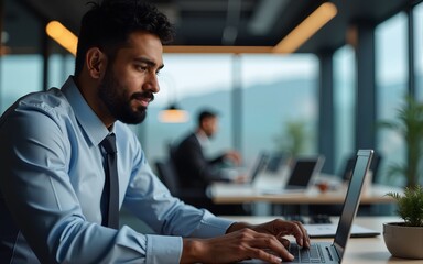 Mature Indian or Latin business man ceo trader using computer, typing, working in modern office, doing online data market analysis, thinking planning tech strategy looking at laptop with copy space.