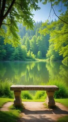 Naklejka premium Ancient stone bench in a lush green forest with a serene lake in the background
