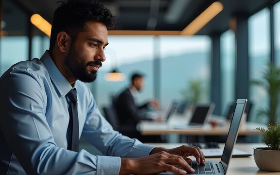 Mature Indian or Latin business man ceo trader using computer, typing, working in modern office, doing online data market analysis, thinking planning tech strategy looking at laptop with copy space.